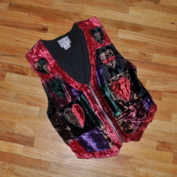 VINTAGE Jackets & Blazers - Vintage HARLEQUIN Crushed Velvet Patchwork Vest E9